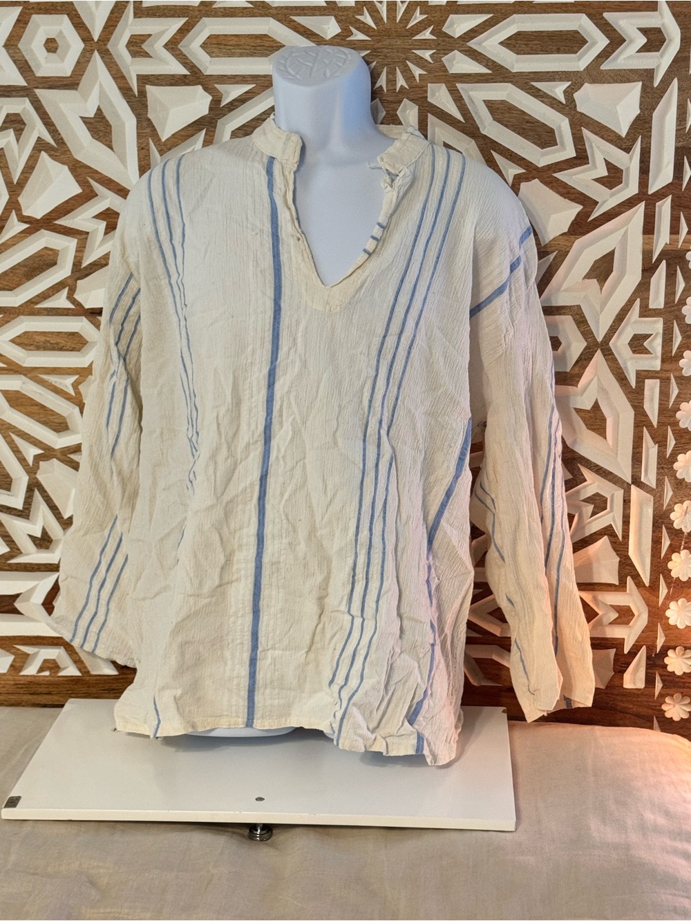 Bohemian hippie beach shirt.  Cream Striped Pullover Shirt